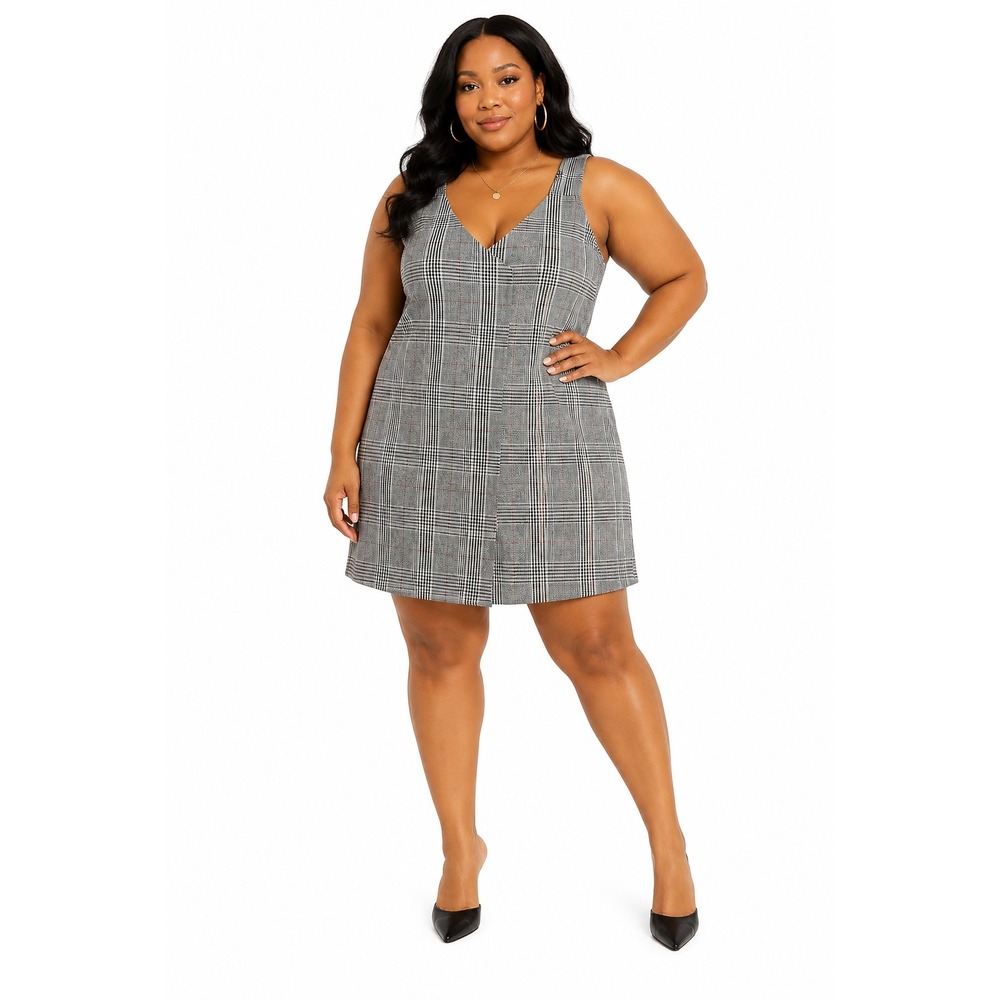 SHEIN Womens XL Grey Glen Plaid Pinafore Jumper Dress Sleeveless V-Neck Mini